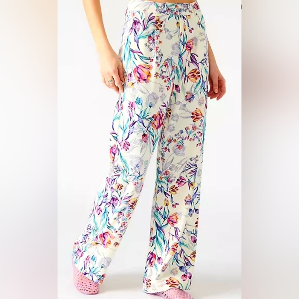 Steve Madden Cream Floral Wide-Leg Pants with Pink & Yellow Blooms
